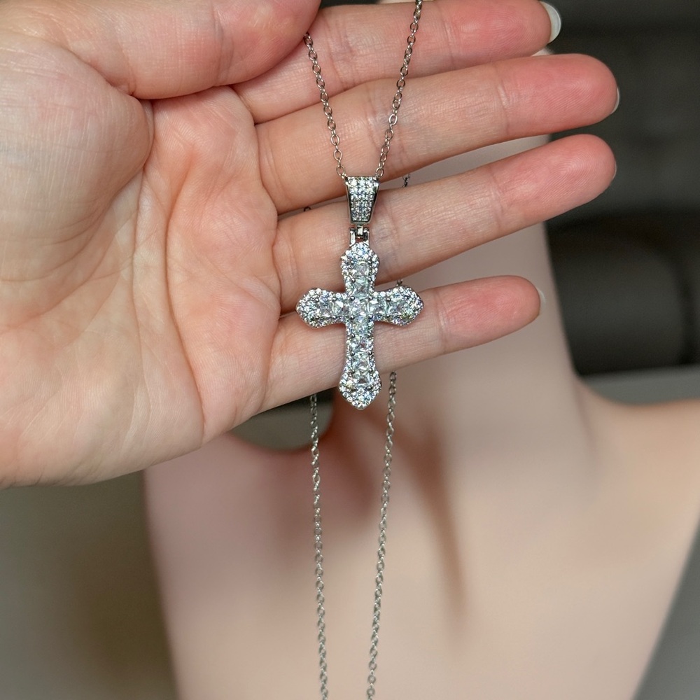 Silver Cubic Zirconia Cross Pendant Necklace - Picture 6 of 11
